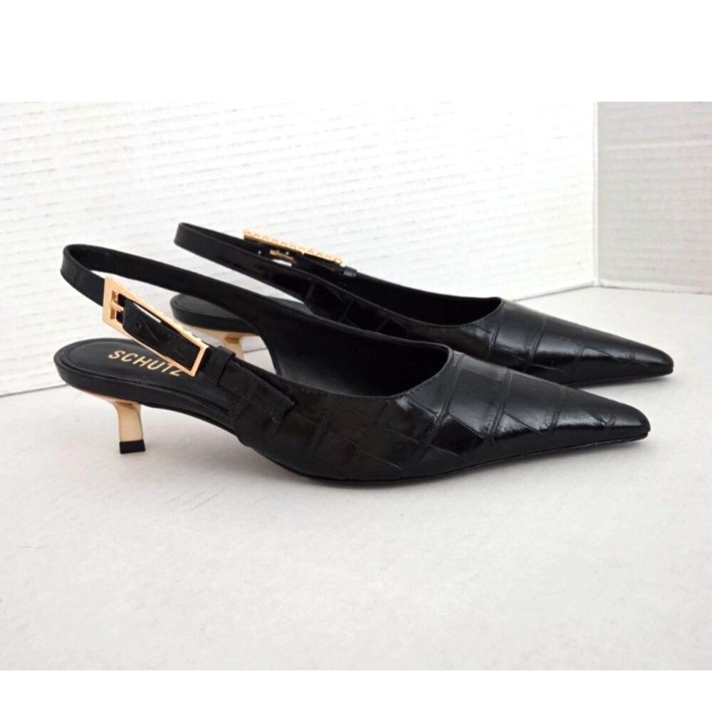 SCHUTZ Ciara Mid Pump Made in Brazil Slingback 7.5 Black Wide Croco Leather Gold